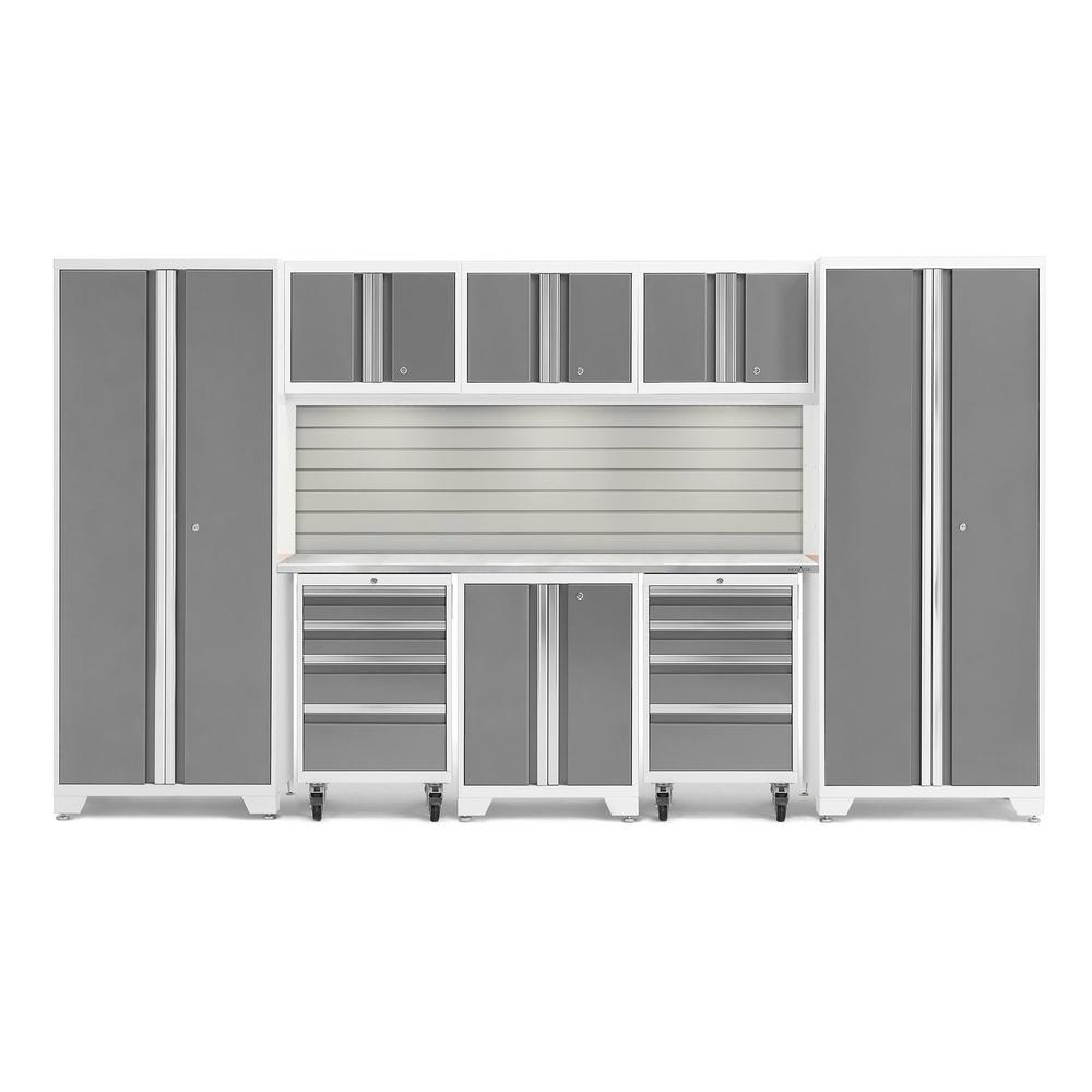 Newage Products Bold 3.0 Series Platinum 9-Piece Garage Cabinet Set With 2X Rolling Tool Cabinet-56914-Stainless Steel Worktop-LED Lights + Slatwall Backsplash-Garage Giant