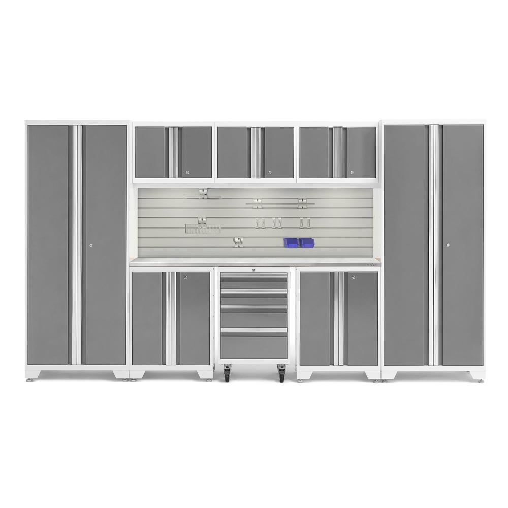 Newage Products Bold 3.0 Series 9-Piece Garage Cabinet Set-56898-Platinum-Stainless Steel Worktop-LED Lights + Slatwall Backsplash + Hook Kit-Garage Giant