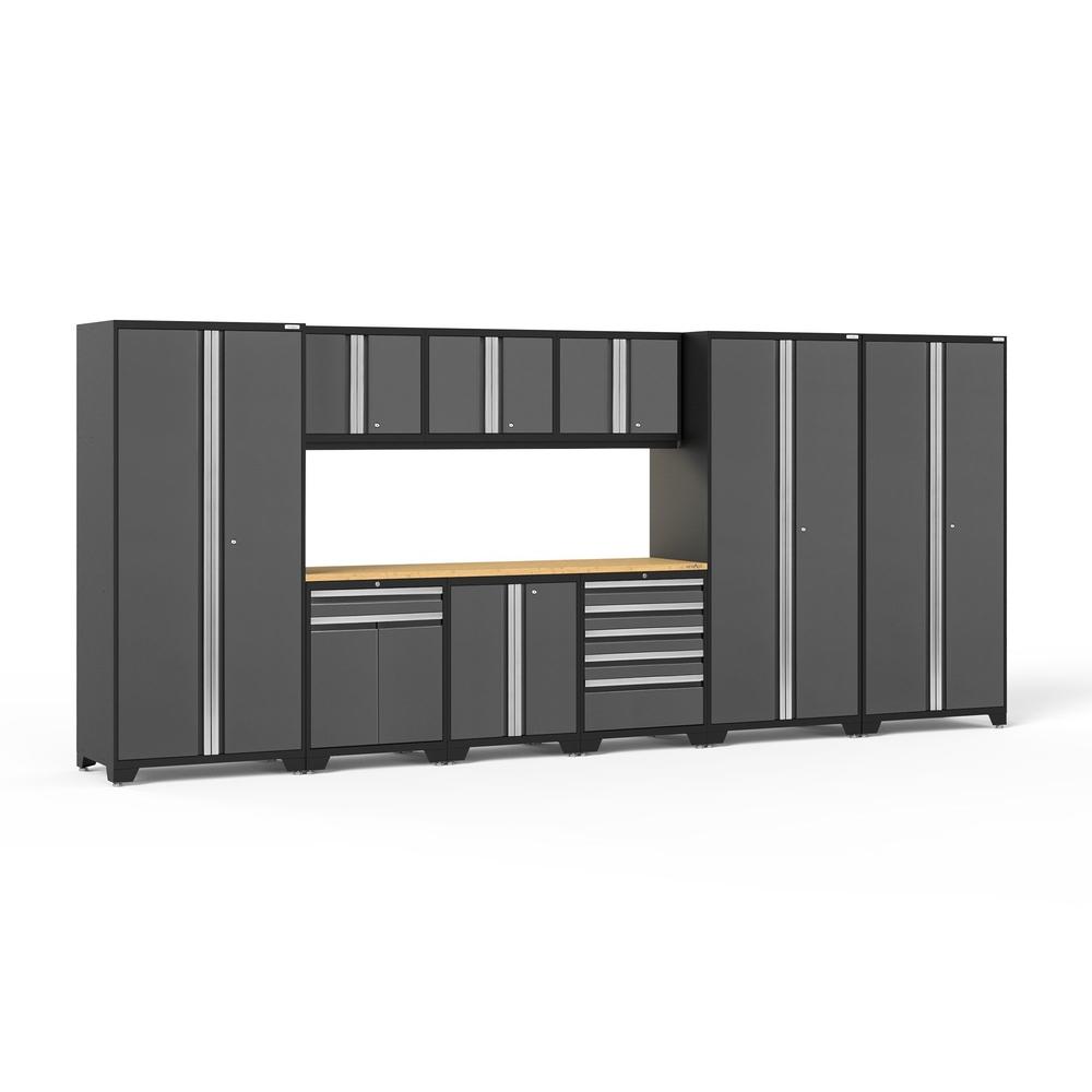Newage Products Pro 3.0 Series 10-Piece Garage Cabinet Set With 3X Multi-Use Lockers-51986-Grey-Bamboo Worktop-LED Lights-Garage Giant