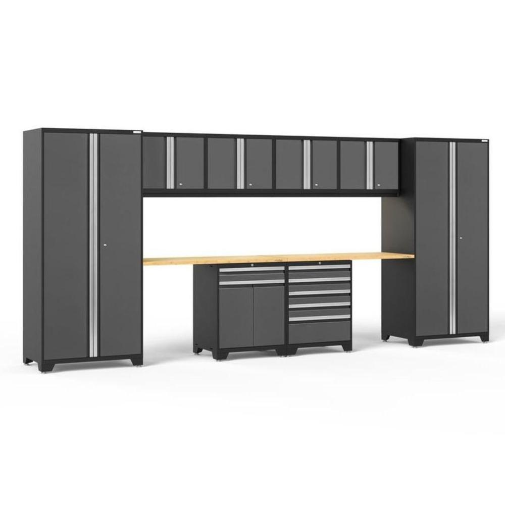 Newage Products Pro 3.0 Series 10-Piece Grey Garage Cabinet Set With Multi-Function Cabinet-51996-Bamboo Worktop-LED Lights-Garage Giant