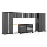 Newage Products Pro 3.0 Series 10-Piece Grey Garage Cabinet Set With Multi-Function Cabinet-51996-Bamboo Worktop-LED Lights-Garage Giant 