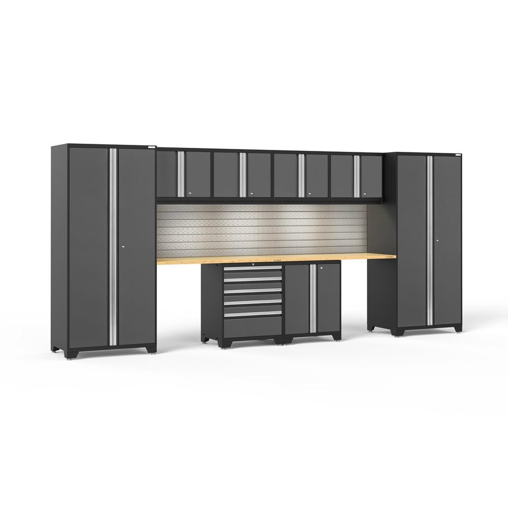 Newage Products Pro 3.0 Series 10-Piece Garage Cabinet Set With 2-Door Base Cabinet-58432-Grey-Bamboo Worktop-LED Lights + Slatwall Backsplash-Garage Giant