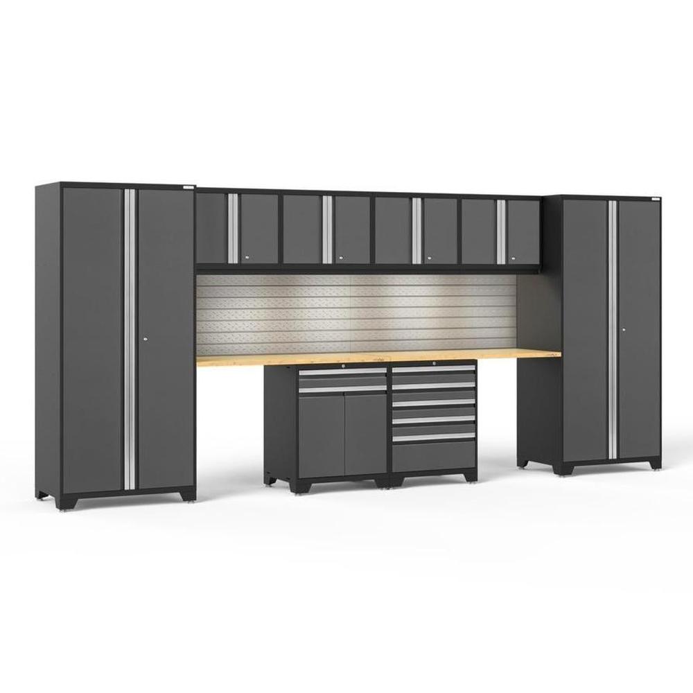 Newage Products Pro 3.0 Series 10-Piece Grey Garage Cabinet Set With Multi-Function Cabinet-58456-Bamboo Worktop-LED Lights + Slatwall Backsplash-Garage Giant