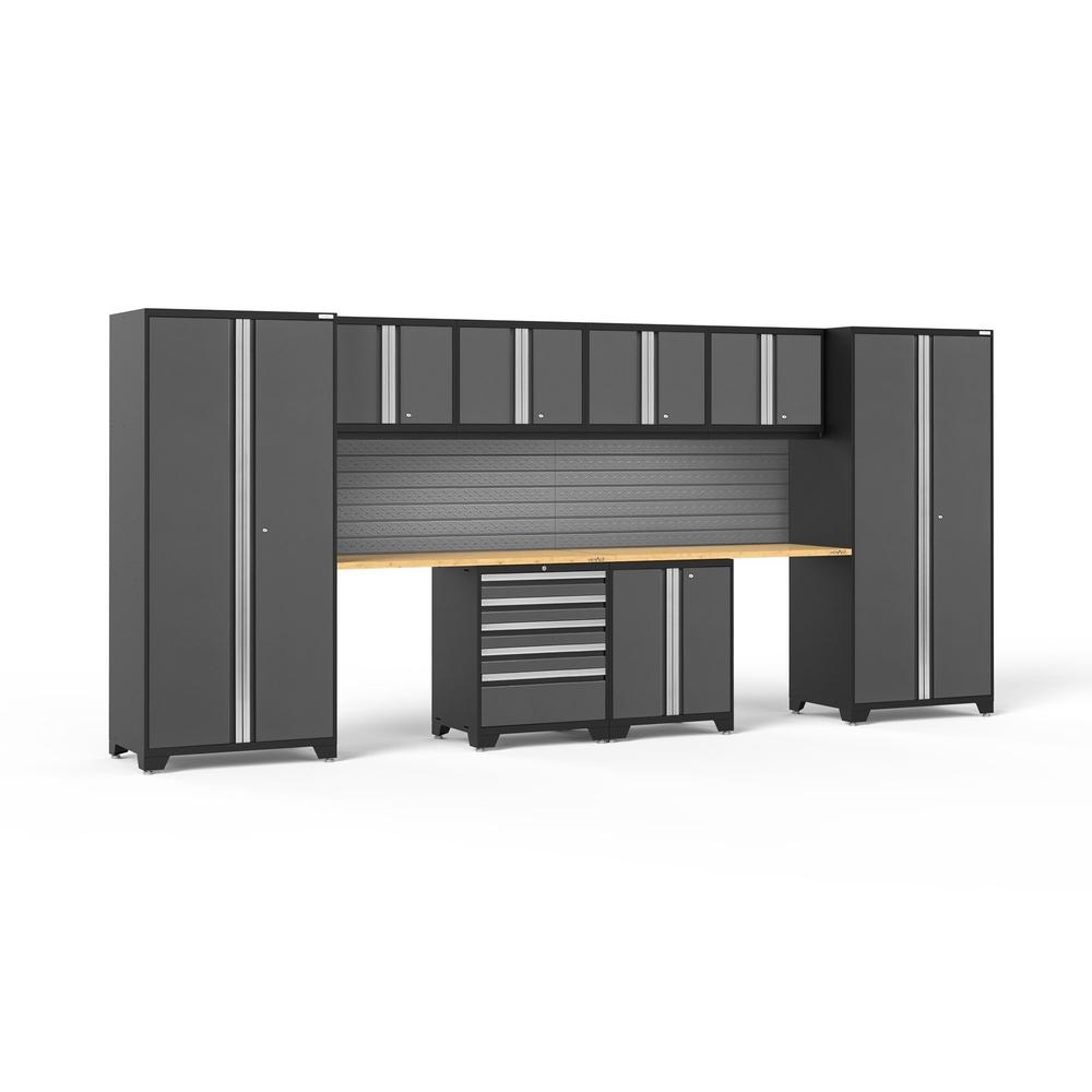 Newage Products Pro 3.0 Series 10-Piece Garage Cabinet Set With 2-Door Base Cabinet-58431-Grey-Bamboo Worktop-Slatwall Backsplash-Garage Giant
