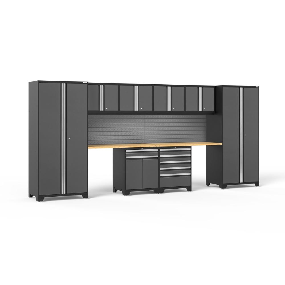 Newage Products Pro 3.0 Series 10-Piece Grey Garage Cabinet Set With Multi-Function Cabinet-58455-Bamboo Worktop-Slatwall Backsplash-Garage Giant
