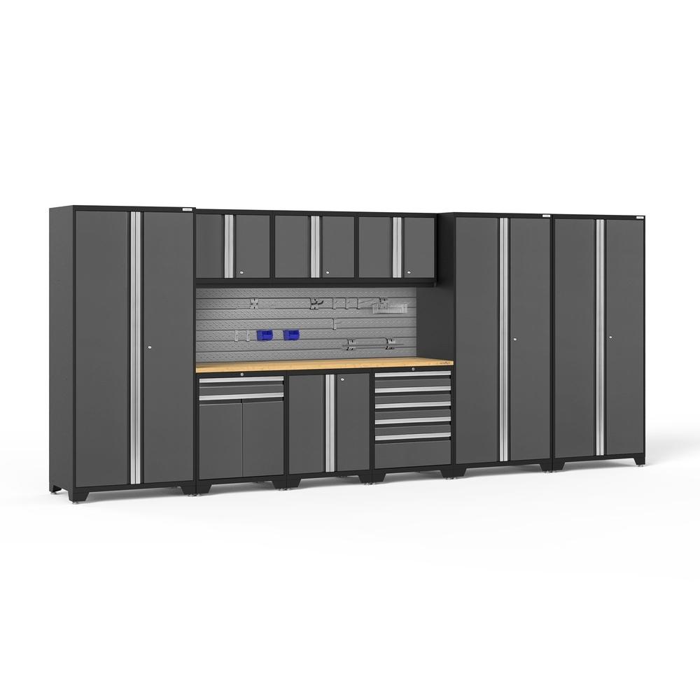 Newage Products Pro 3.0 Series 10-Piece Garage Cabinet Set With 3X Multi-Use Lockers-54393-Grey-Bamboo Worktop-Slatwall Backsplash + 12-Piece Hook Kit-Garage Giant