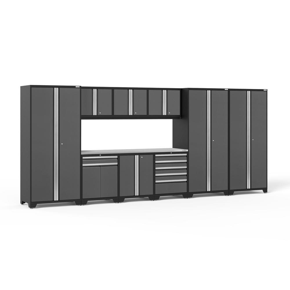 Newage Products Pro 3.0 Series 10-Piece Garage Cabinet Set With 3X Multi-Use Lockers-52152-Grey-Stainless Steel Worktop-None-Garage Giant