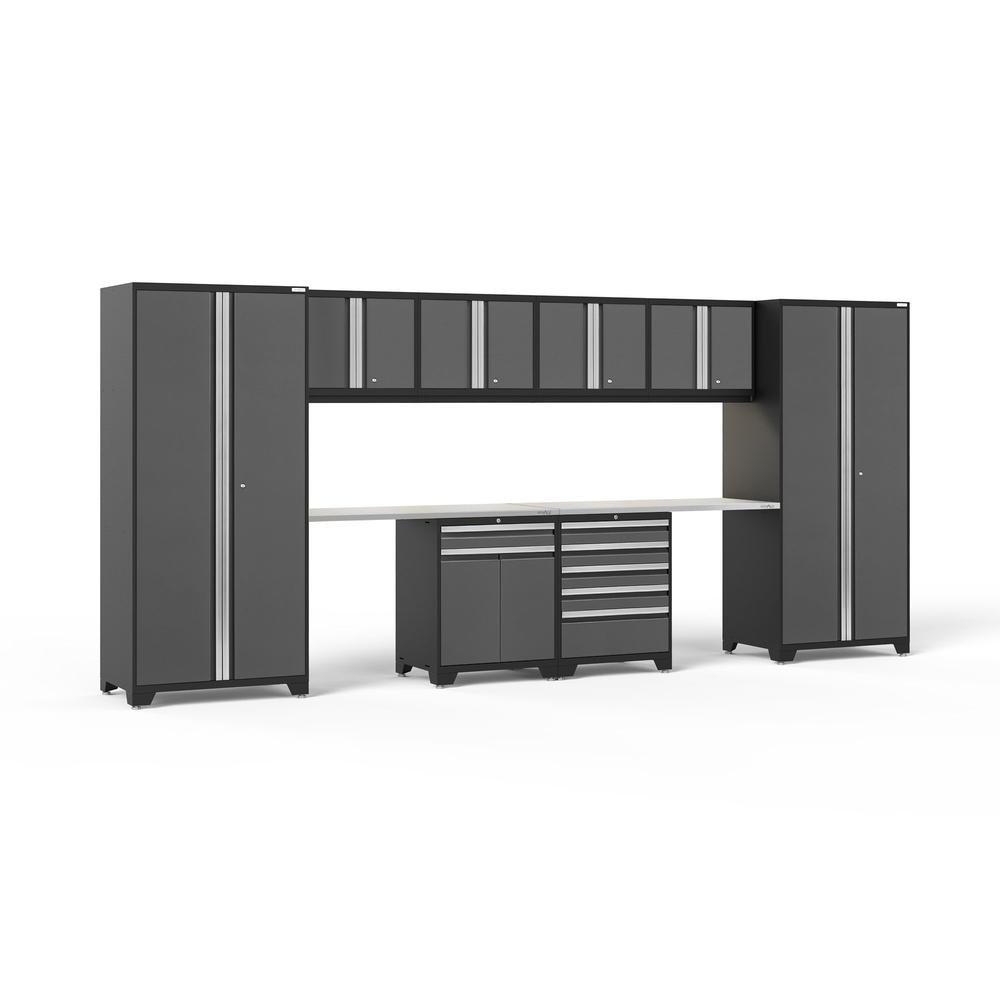 Newage Products Pro 3.0 Series 10-Piece Grey Garage Cabinet Set With Multi-Function Cabinet-51997-Stainless Steel Worktop-LED Lights-Garage Giant