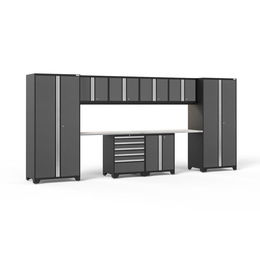 Newage Products Pro 3.0 Series 10-Piece Garage Cabinet Set With 2-Door Base Cabinet-52197-Grey-Stainless Steel Worktop-LED Lights-Garage Giant