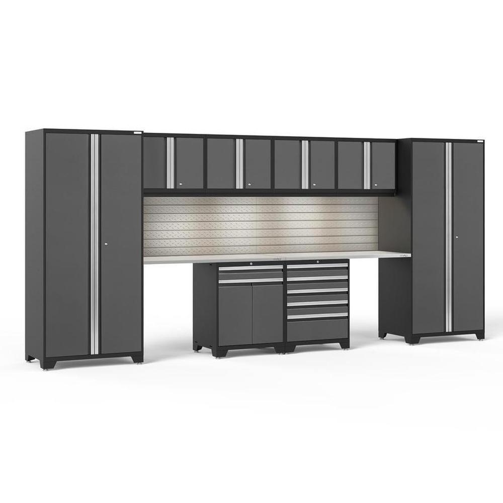 Newage Products Pro 3.0 Series 10-Piece Grey Garage Cabinet Set With Multi-Function Cabinet-58458-Stainless Steel Worktop-LED Lights + Slatwall Backsplash-Garage Giant