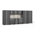 Newage Products Pro 3.0 Series 10-Piece Garage Cabinet Set With 3X Multi-Use Lockers-58482-Grey-Stainless Steel Worktop-LED Lights + Slatwall Backsplash-Garage Giant 