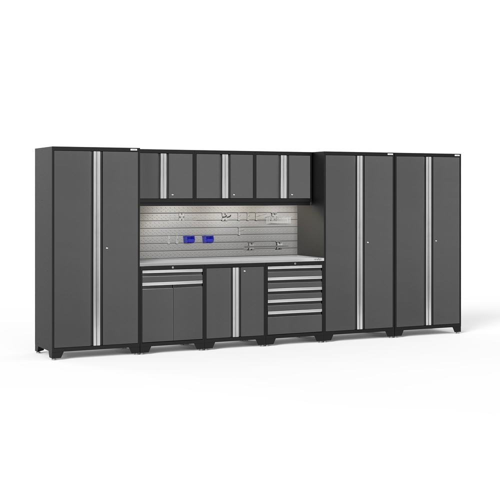 Newage Products Pro 3.0 Series 10-Piece Garage Cabinet Set With 3X Multi-Use Lockers-54472-Grey-Stainless Steel Worktop-LED Lights + Slatwall Backsplash + 12-Piece Hook Kit-Garage Giant