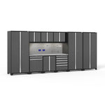 Newage Products Pro 3.0 Series 10-Piece Garage Cabinet Set With 3X Multi-Use Lockers-54472-Grey-Stainless Steel Worktop-LED Lights + Slatwall Backsplash + 12-Piece Hook Kit-Garage Giant 
