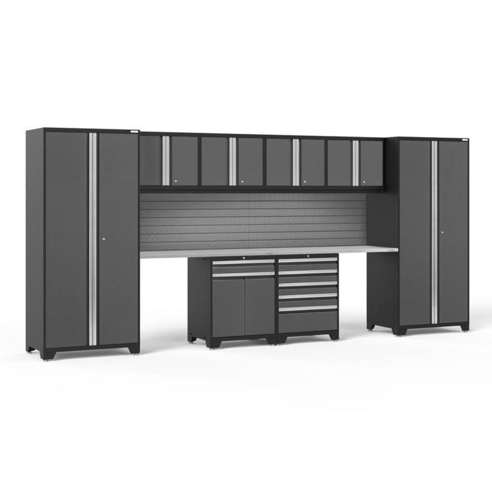 Newage Products Pro 3.0 Series 10-Piece Grey Garage Cabinet Set With Multi-Function Cabinet-58457-Stainless Steel Worktop-Slatwall Backsplash-Garage Giant