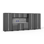 Newage Products Pro 3.0 Series 10-Piece Garage Cabinet Set With 3X Multi-Use Lockers-54471-Grey-Stainless Steel Worktop-Slatwall Backsplash + 12-Piece Hook Kit-Garage Giant 