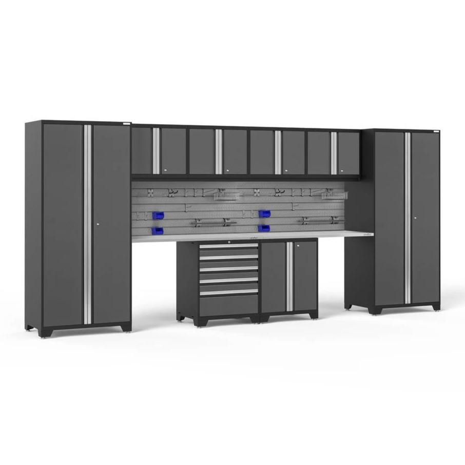 Newage Products Pro 3.0 Series 10-Piece Garage Cabinet Set With 2-Door Base Cabinet-54315-Grey-Stainless Steel Worktop-Slatwall Backsplash + 12-Piece Hook Kit-Garage Giant