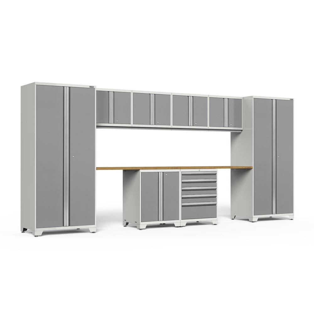 Newage Products Pro 3.0 Series 10-Piece Garage Cabinet Set With 2-Door Base Cabinet-52450-Platinum-Bamboo Worktop-None-Garage Giant