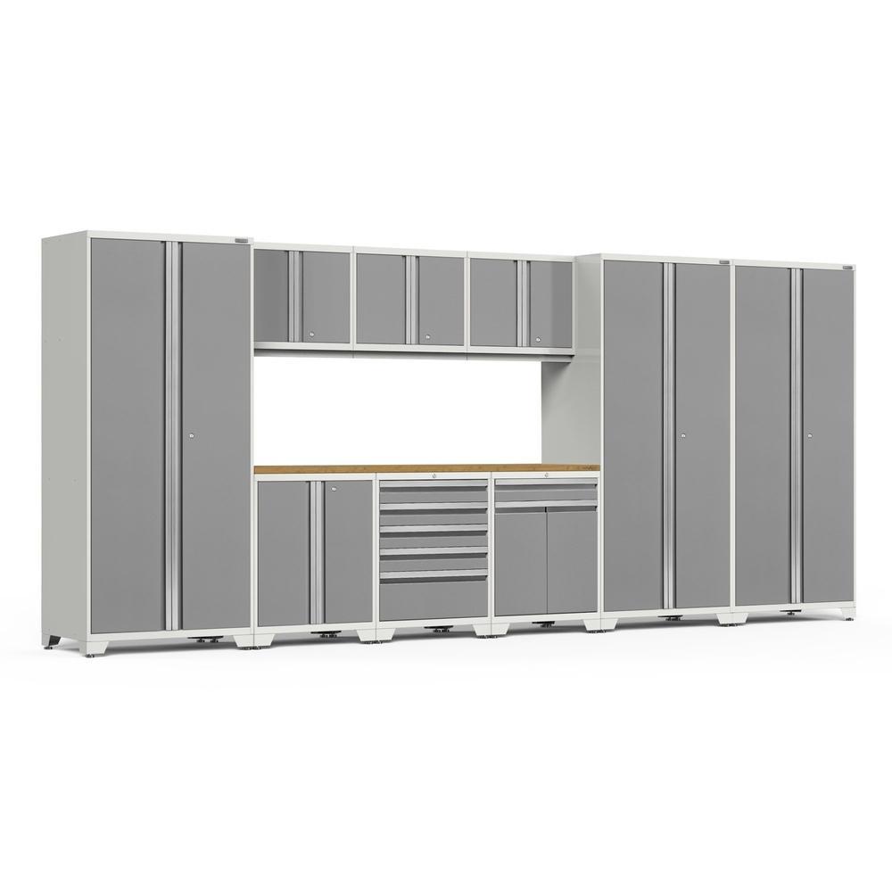 Newage Products Pro 3.0 Series 10-Piece Garage Cabinet Set With 3X Multi-Use Lockers-52551-Platinum-Bamboo Worktop-None-Garage Giant