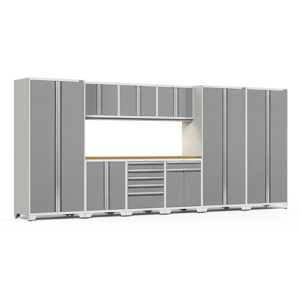 Newage Products Pro 3.0 Series 10-Piece Garage Cabinet Set With 3X Multi-Use Lockers-52597-Platinum-Bamboo Worktop-LED Lights-Garage Giant