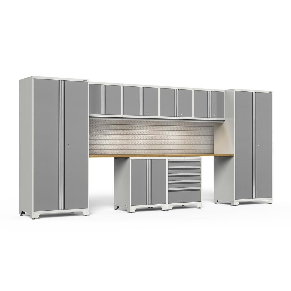Newage Products Pro 3.0 Series 10-Piece Garage Cabinet Set With 2-Door Base Cabinet-58870-Platinum-Bamboo Worktop-LED Lights + Slatwall Backsplash-Garage Giant