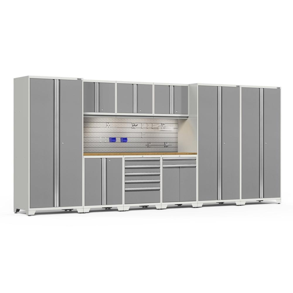 Newage Products Pro 3.0 Series 10-Piece Garage Cabinet Set With 3X Multi-Use Lockers-54446-Platinum-Bamboo Worktop-LED Lights + Slatwall Backsplash + 12-Piece Hook Kit-Garage Giant