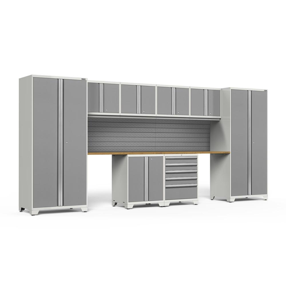 Newage Products Pro 3.0 Series 10-Piece Garage Cabinet Set With 2-Door Base Cabinet-58869-Platinum-Bamboo Worktop-Slatwall Backsplash-Garage Giant