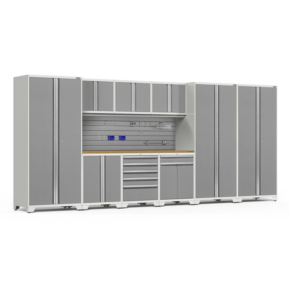Newage Products Pro 3.0 Series 10-Piece Garage Cabinet Set With 3X Multi-Use Lockers-54445-Platinum-Bamboo Worktop-Slatwall Backsplash + 12-Piece Hook Kit-Garage Giant