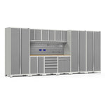 Newage Products Pro 3.0 Series 10-Piece Garage Cabinet Set With 3X Multi-Use Lockers-54445-Platinum-Bamboo Worktop-Slatwall Backsplash + 12-Piece Hook Kit-Garage Giant 