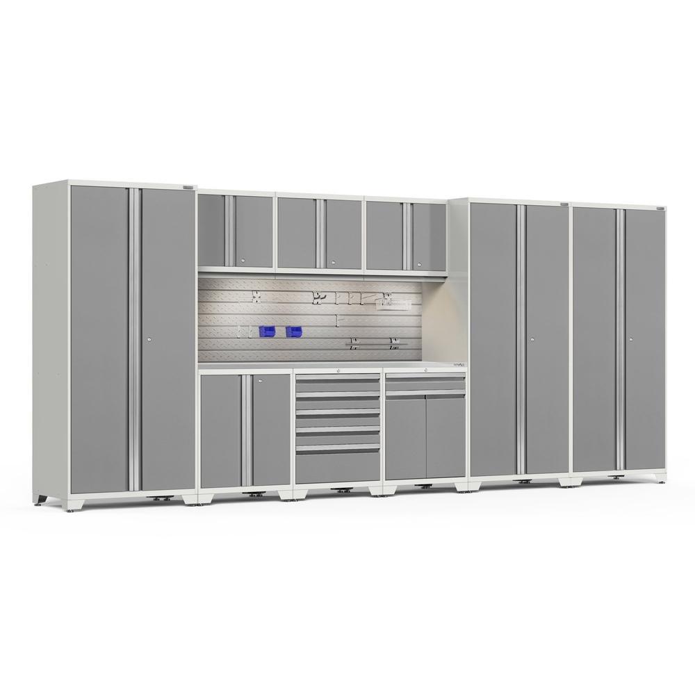 Newage Products Pro 3.0 Series 10-Piece Garage Cabinet Set With 3X Multi-Use Lockers-54524-Platinum-Stainless Steel Worktop-LED Lights + Slatwall Backsplash + 12-Piece Hook Kit-Garage Giant