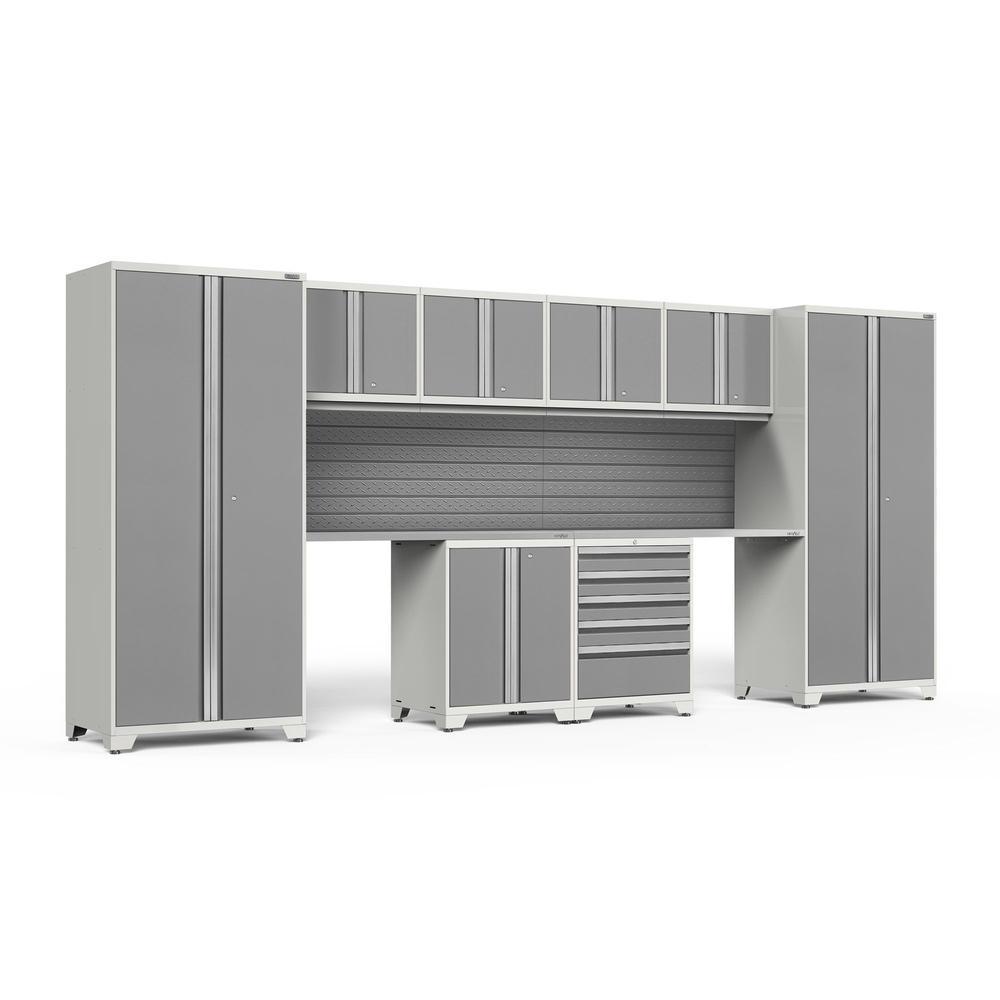 Newage Products Pro 3.0 Series 10-Piece Garage Cabinet Set With 2-Door Base Cabinet-58871-Platinum-Stainless Steel Worktop-Slatwall Backsplash-Garage Giant