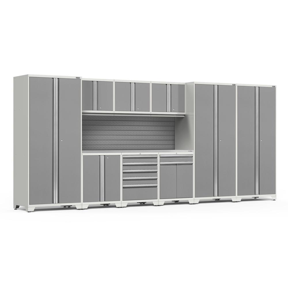 Newage Products Pro 3.0 Series 10-Piece Garage Cabinet Set With 3X Multi-Use Lockers-58907-Platinum-Stainless Steel Worktop-Slatwall Backsplash-Garage Giant