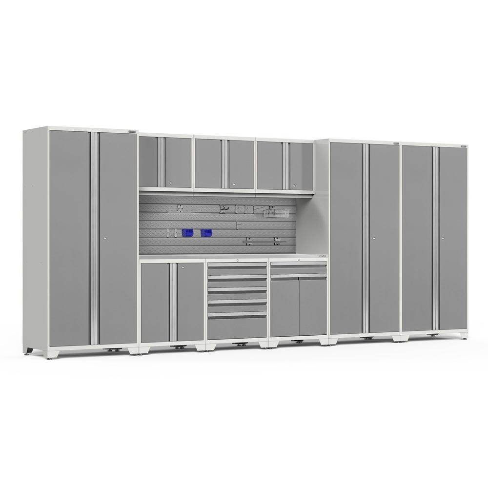 Newage Products Pro 3.0 Series 10-Piece Garage Cabinet Set With 3X Multi-Use Lockers-54523-Platinum-Stainless Steel Worktop-Slatwall Backsplash + 12-Piece Hook Kit-Garage Giant