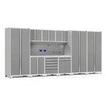 Newage Products Pro 3.0 Series 10-Piece Garage Cabinet Set With 3X Multi-Use Lockers-54523-Platinum-Stainless Steel Worktop-Slatwall Backsplash + 12-Piece Hook Kit-Garage Giant 
