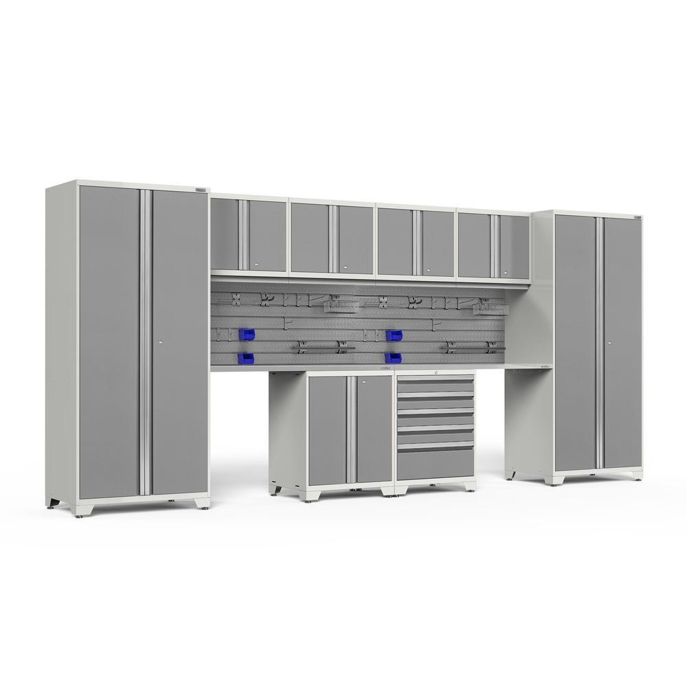 Newage Products Pro 3.0 Series 10-Piece Garage Cabinet Set With 2-Door Base Cabinet-54367-Platinum-Stainless Steel Worktop-Slatwall Backsplash + 12-Piece Hook Kit-Garage Giant