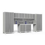 Newage Products Pro 3.0 Series 10-Piece Garage Cabinet Set With 2-Door Base Cabinet-54367-Platinum-Stainless Steel Worktop-Slatwall Backsplash + 12-Piece Hook Kit-Garage Giant 