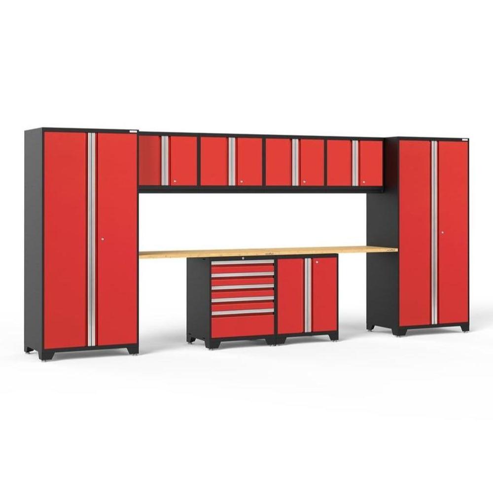 Newage Products Pro 3.0 Series 10-Piece Garage Cabinet Set With 2-Door Base Cabinet-52250-Red-Bamboo Worktop-None-Garage Giant