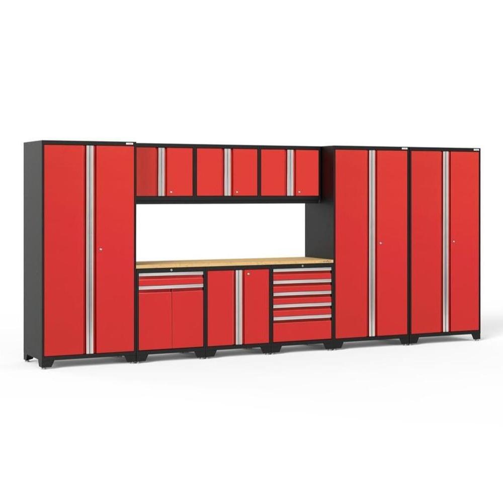Newage Products Pro 3.0 Series 10-Piece Garage Cabinet Set With 3X Multi-Use Lockers-52351-Red-Bamboo Worktop-None-Garage Giant