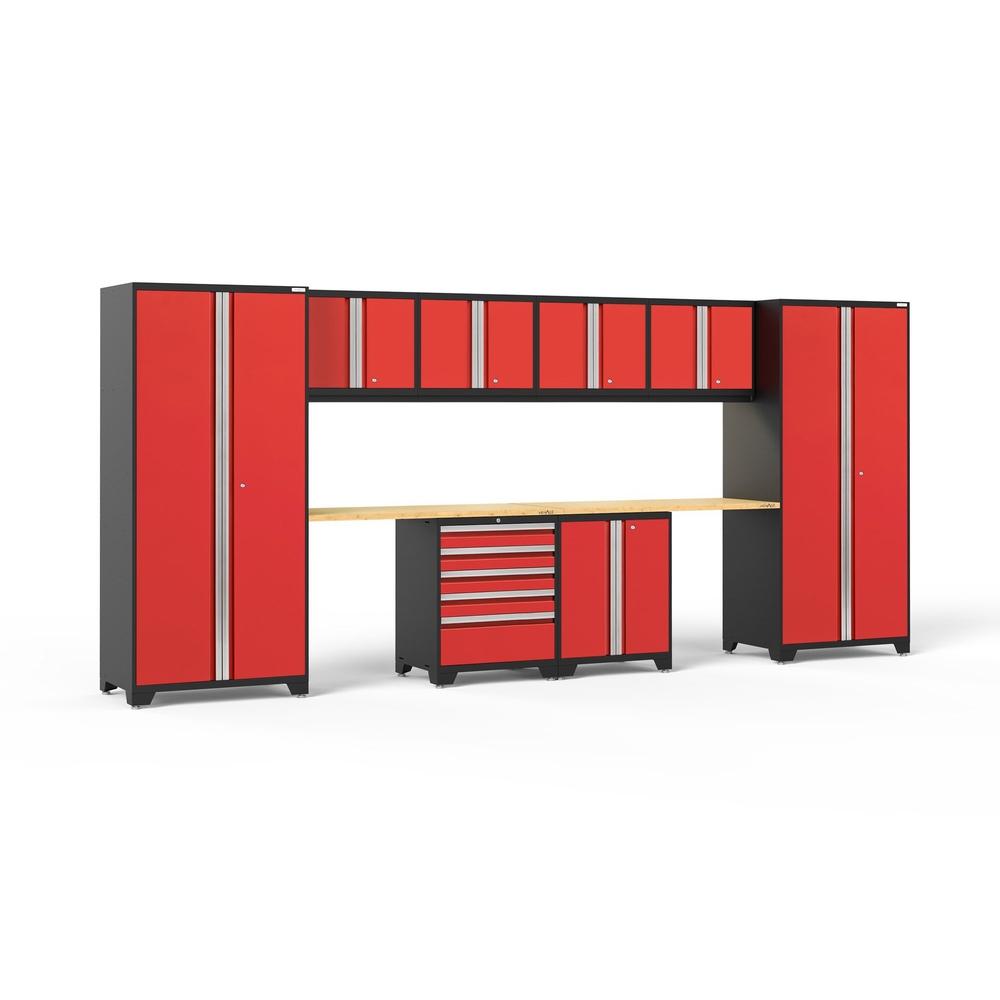 Newage Products Pro 3.0 Series 10-Piece Garage Cabinet Set With 2-Door Base Cabinet-52384-Red-Bamboo Worktop-LED Lights-Garage Giant