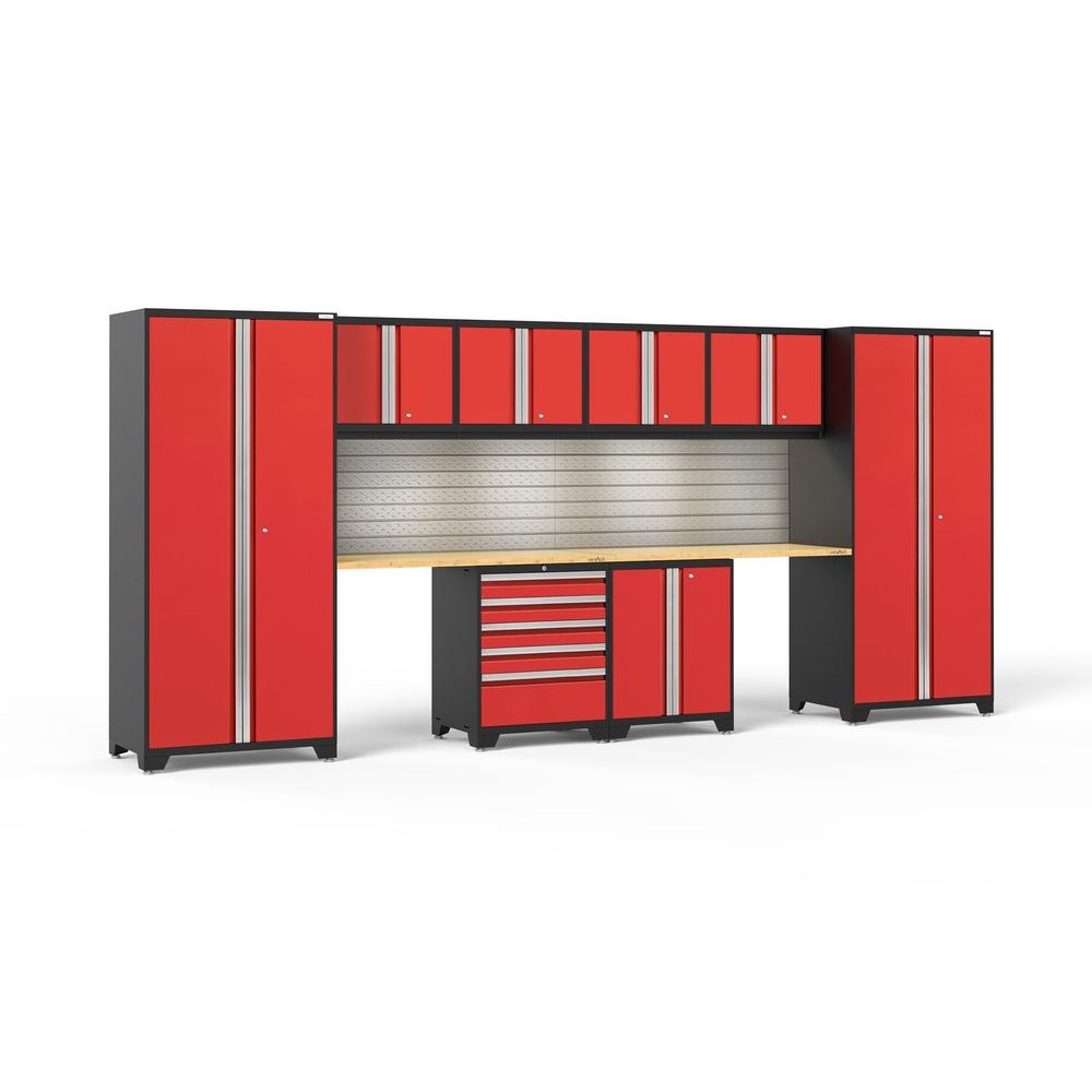 Newage Products Pro 3.0 Series 10-Piece Garage Cabinet Set With 2-Door Base Cabinet-58706-Red-Bamboo Worktop-LED Lights + Slatwall Backsplash-Garage Giant