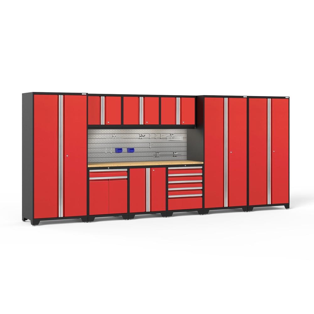 Newage Products Pro 3.0 Series 10-Piece Garage Cabinet Set With 3X Multi-Use Lockers-54420-Red-Bamboo Worktop-LED Lights + Slatwall Backsplash + 12-Piece Hook Kit-Garage Giant