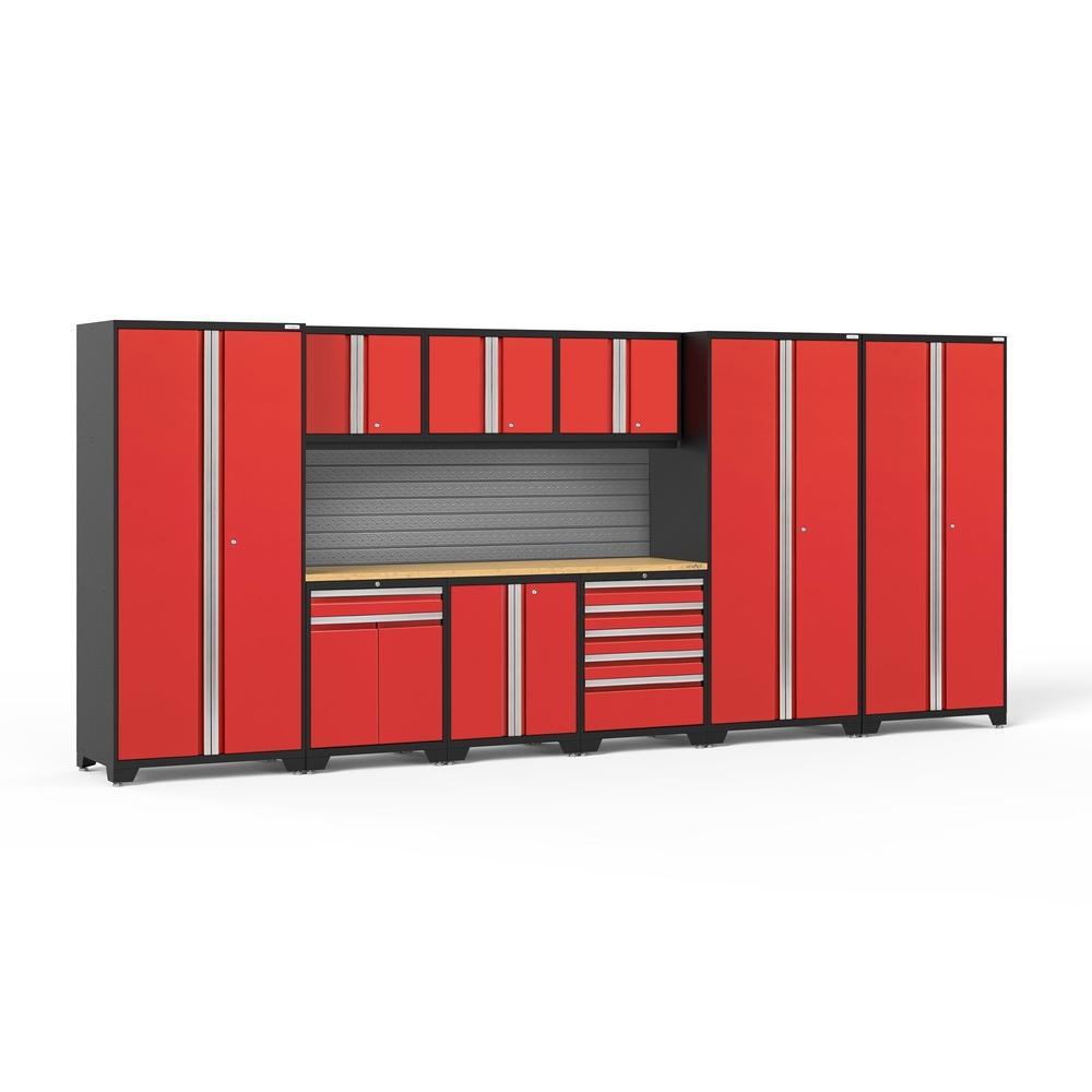 Newage Products Pro 3.0 Series 10-Piece Garage Cabinet Set With 3X Multi-Use Lockers-58729-Red-Bamboo Worktop-Slatwall Backsplash-Garage Giant
