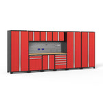 Newage Products Pro 3.0 Series 10-Piece Garage Cabinet Set With 3X Multi-Use Lockers-54419-Red-Bamboo Worktop-Slatwall Backsplash + 12-Piece Hook Kit-Garage Giant 