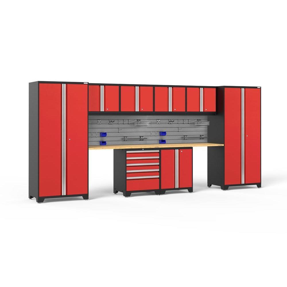 Newage Products Pro 3.0 Series 10-Piece Garage Cabinet Set With 2-Door Base Cabinet-54263-Red-Bamboo Worktop-Slatwall Backsplash + 12-Piece Hook Kit-Garage Giant