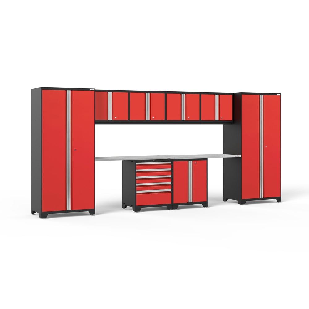 Newage Products Pro 3.0 Series 10-Piece Garage Cabinet Set With 2-Door Base Cabinet-52254-Red-Stainless Steel Worktop-None-Garage Giant