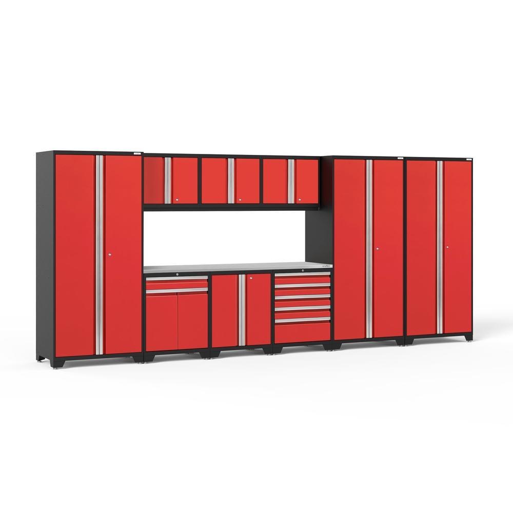 Newage Products Pro 3.0 Series 10-Piece Garage Cabinet Set With 3X Multi-Use Lockers-52352-Red-Stainless Steel Worktop-None-Garage Giant