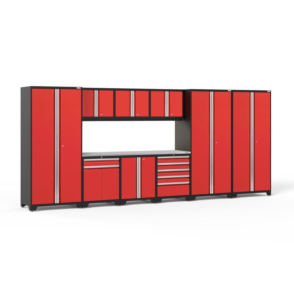 Newage Products Pro 3.0 Series 10-Piece Garage Cabinet Set With 3X Multi-Use Lockers-52396-Red-Stainless Steel Worktop-LED Lights-Garage Giant