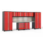 Newage Products Pro 3.0 Series 10-Piece Garage Cabinet Set With 2-Door Base Cabinet-58708-Red-Stainless Steel Worktop-LED Lights + Slatwall Backsplash-Garage Giant 