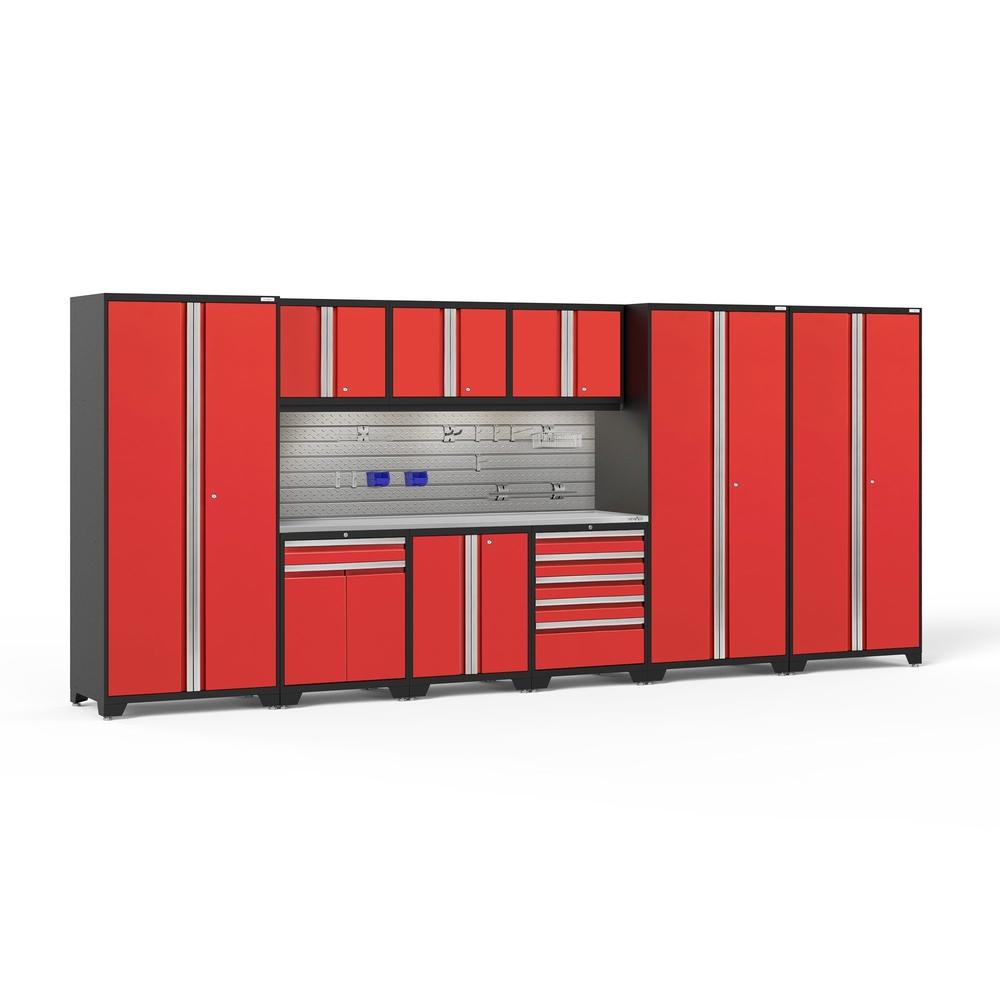 Newage Products Pro 3.0 Series 10-Piece Garage Cabinet Set With 3X Multi-Use Lockers-54498-Red-Stainless Steel Worktop-LED Lights + Slatwall Backsplash + 12-Piece Hook Kit-Garage Giant