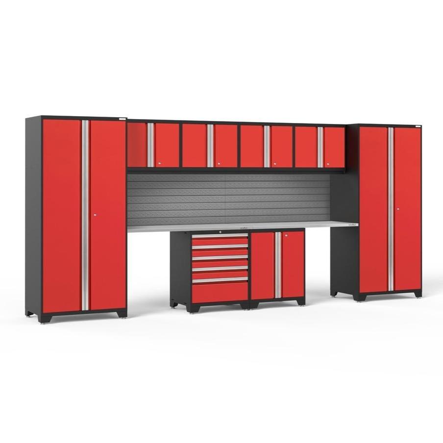 Newage Products Pro 3.0 Series 10-Piece Garage Cabinet Set With 2-Door Base Cabinet-58707-Red-Stainless Steel Worktop-Slatwall Backsplash-Garage Giant