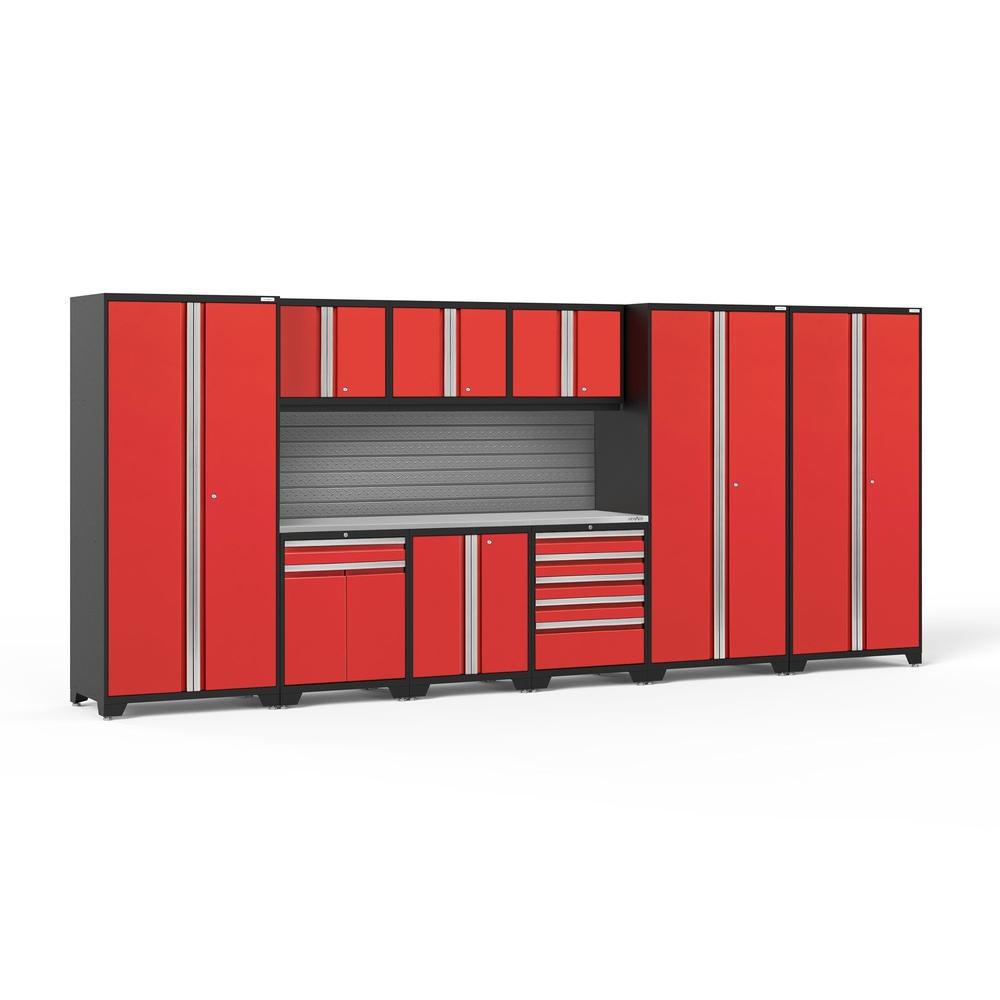 Newage Products Pro 3.0 Series 10-Piece Garage Cabinet Set With 3X Multi-Use Lockers-58731-Red-Stainless Steel Worktop-Slatwall Backsplash-Garage Giant